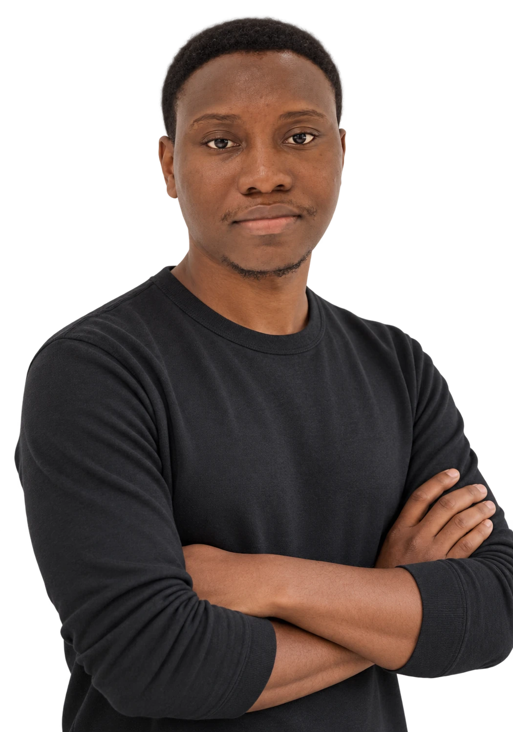 AI-generated portrait of Samuel King-Mensah with folded arms and a slight smile, based on his own photographs