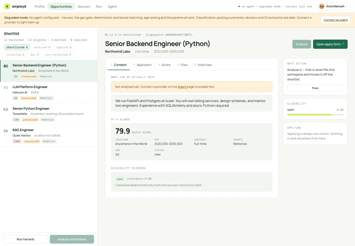 employed application showing a job shortlist, match evidence, and opportunity workspace with fictional demo data