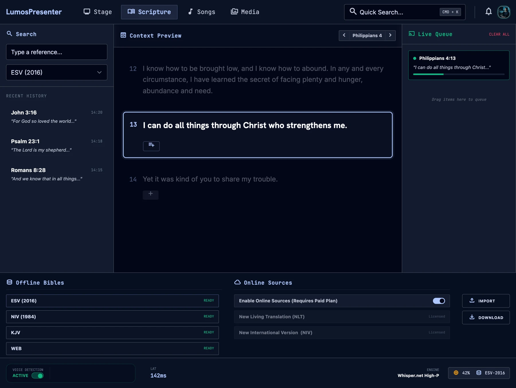 LumosPresenter console design showing scripture search, passage preview, and live presentation queue