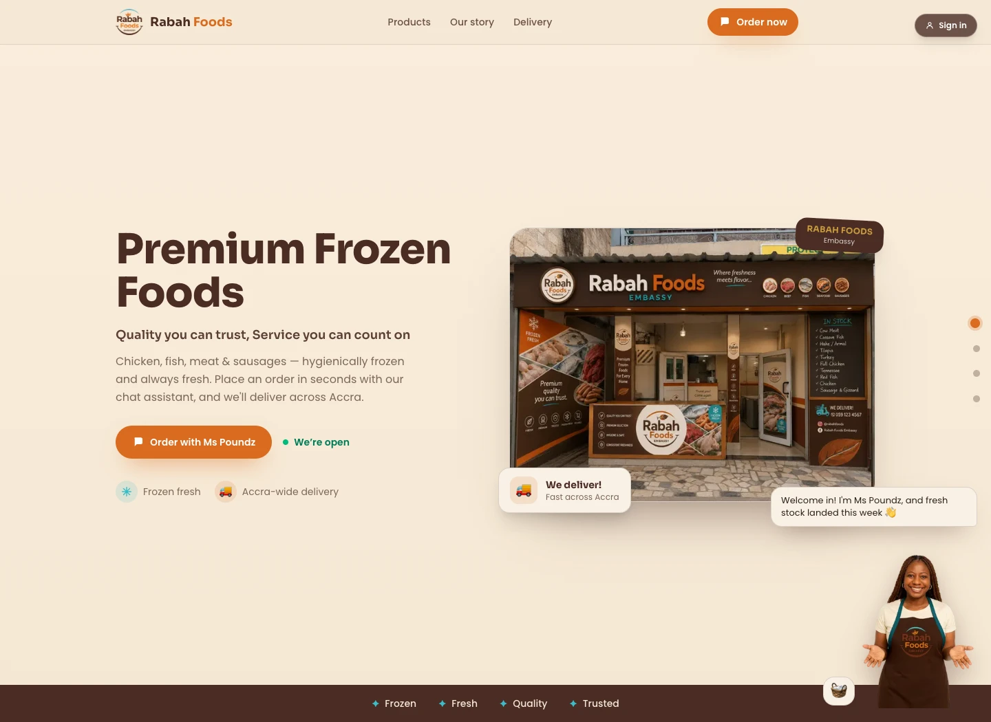 RabahFoods live website showing its frozen-food storefront and Ms Poundz ordering assistant